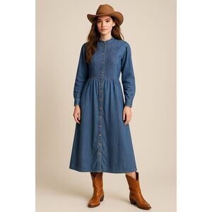 Vintage L.L Bean 100% Cotton Cottage Core Button Front Denim Dress